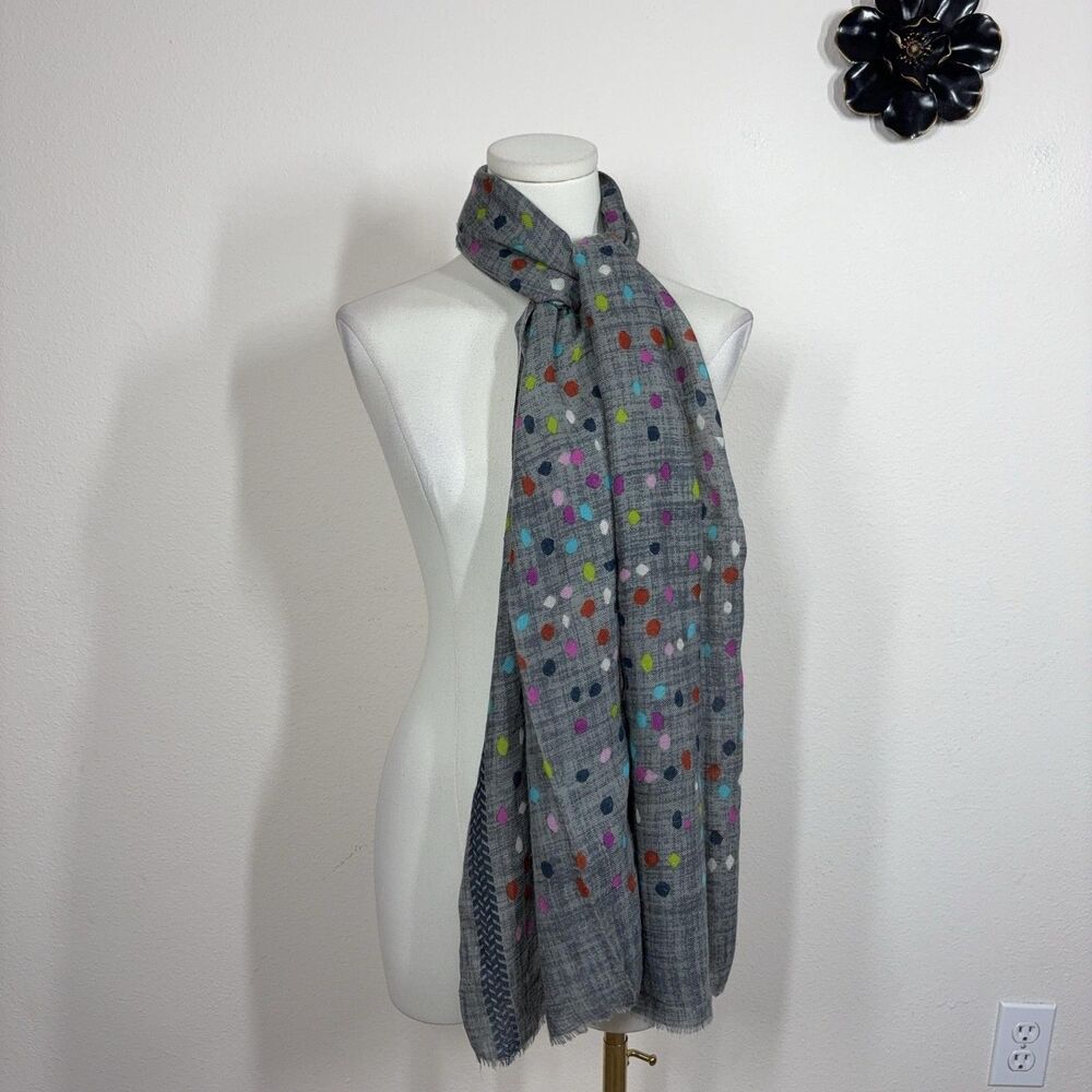 Inouitoosh Scarf Womens One Size Gray Wool Silk Polka Dot Rectangle Fringe Boho